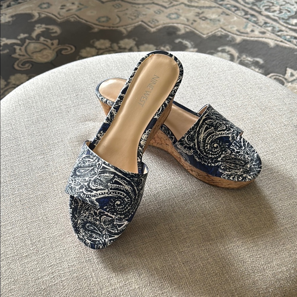 Nine West Blue Paisley Wedge Sandals